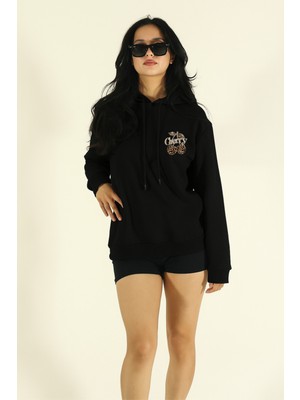EYDAMOON Kadın Kışlık Pamuklu Minimal Leopard Cherry Baskılı Regular Kapüşonlu Sweatshirt