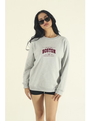 EYDAMOON Kadın Kışlık Içi Yünlü Boston Baskılı Regular Bisiklet Yaka Sweatshirt