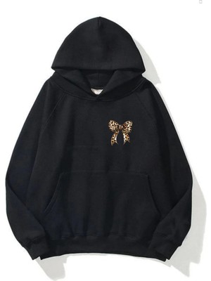 EYDAMOON Kadın Kışlık Minimal Leopar Fiyonk Baskılı Kapüşonlu Kanguru Cepli Regular Sweatshirt