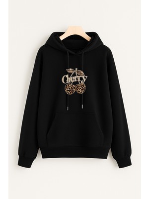 EYDAMOON Kadın Kışlık Pamuklu Leopar Dudak Baskılı Kapüşonlu Kanguru Cepli Regular Sweatshirt