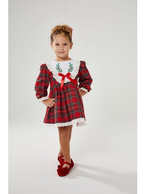 Butik Kız Çocuk Ekoseli Fisto Yaka Detaylı %100 Pamuklu Elbise