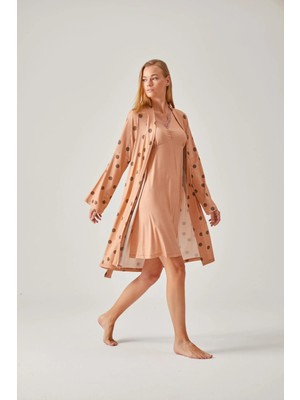 Pamuk & Pamuk Somon Puantiye Desenli Viskon Kadın Sabahlık