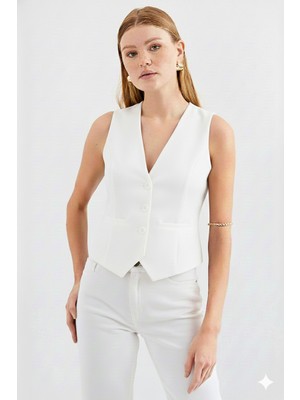 Ribana Classic Kadın Kruvaze Kesim Slim Fit V Yaka Düğme Detaylı Yelek
