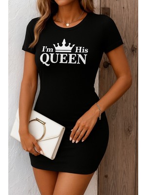 Etiler Collection Kadın Kısa Kollu Queen Baskı Iki Iplik Mini Elbise