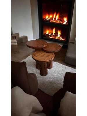 Ahşap Mantar Sehpa 3’lü Set Meşe Renk Doğal Zigon & Fiskos