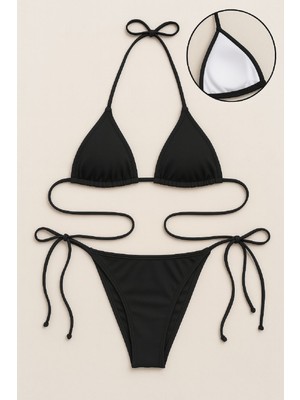 Marsilyan Kadın Siyah Yandan ve Boyundan Bağlamalı Bikini Mayo Takımı