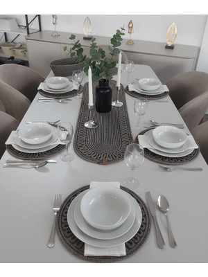 Mtg Jüt Tasarım El Emeği Doğal Jüt Kordon Halattan Kırçıllı Kahve Desenli Amerikan Servis Takımı / 6 Adet Supla / 1 Adet Runner / 1 Adet Ekmek Sepeti