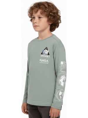 Escabel Erkek Çocuk Baskılı Yeşil Sweatshirt %100 Pamuk Rahat Regular Kesim