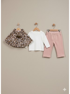 Selvira Kız Çocuk Leopar Desenli Peluş Pelerinli Pembe Pantolonlu ve T-Shirt 3'lü Takım