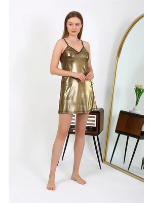 Marsilyan Ip Askılı Micro Kumaş Kısa Parlak Gecelik Ev Giyim Sarı