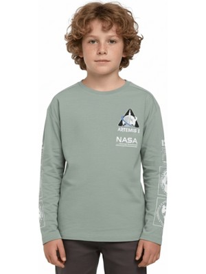 Escabel Erkek Çocuk Baskılı Yeşil Sweatshirt %100 Pamuk Rahat Regular Kesim