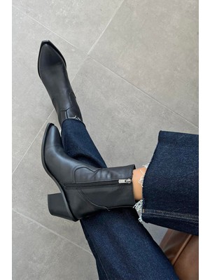 Straswans Cameron Kadın  Hakiki  Cilt  Deri  Topuklu   Bot Siyah