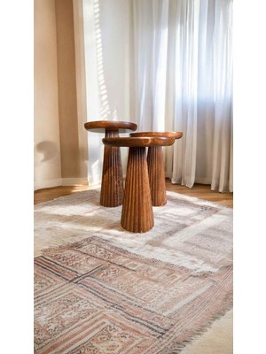 El Yapımı Açık Ceviz Renk 3’lü Ahşap Yan Sehpa Seti