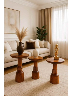 Ahşap Mantar 3’lü Sehpa Seti Meşe Renk Şık Zigon Fiskos