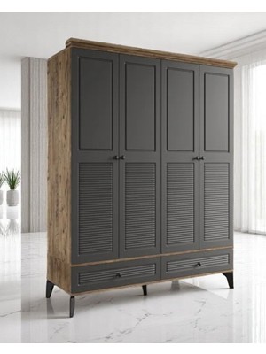 Miracool Panjur Fix 4 Kapılı Dolap / %100MDF / Çam-Antrasit