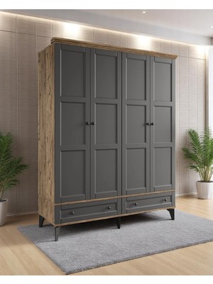 Miracool Karin 4 Kapaklı Dolap / Gardrop / Çam Antrasit / %100 Mdf