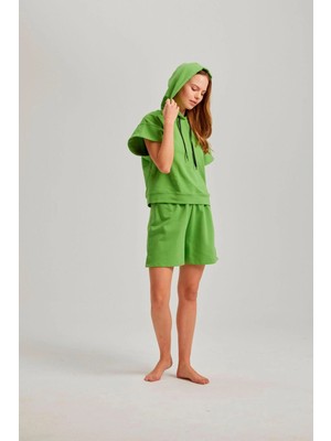 Pamuk & Pamuk Yeşil Kısa Kol Kapşonlu Bel Aksesuarlı Iki Iplik Kadın Şortlu Takım