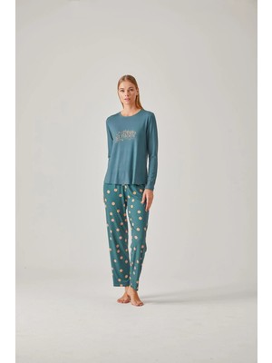 Pamuk & Pamuk Yeşil Baskılı Tişört Puantiye Pantolon Viskon Kadın Pijama Takımı