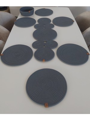 Mtg Jüt Tasarım El Emeği Doğal Jüt Kordon Halattan Gri Renk Salkım Model Amerikan Servis Takımı / 6 Adet Supla / 1 Adet Runner / / 1 Adet Ekmek Sepeti