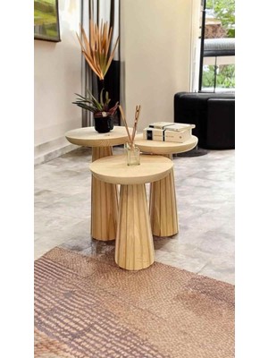 Ahşap Mantar Sehpa 3’lü Set Naturel Renk Doğal Fiskos Zigon