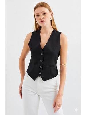 Ribana Classic Kadın Kruvaze Kesim Slim Fit V Yaka Düğme Detaylı Yelek