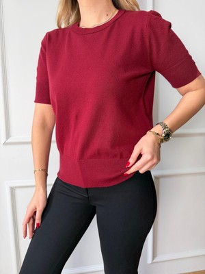 Size Özgü Bordo Yarım Kol Gold Düğmeli Triko