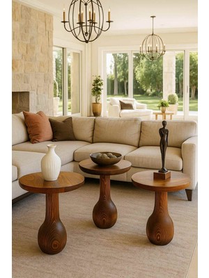 Doğal Meşe Ahşap Mantar Sehpa Takımı 3’lü Zigon & Fiskos