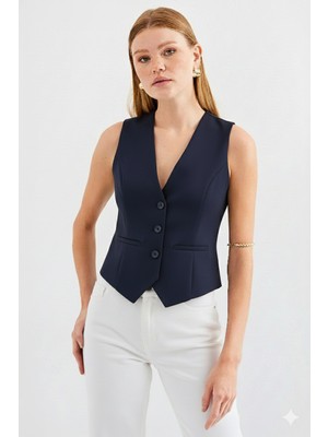 Ribana Classic Kadın Kruvaze Kesim Slim Fit V Yaka Düğme Detaylı Yelek
