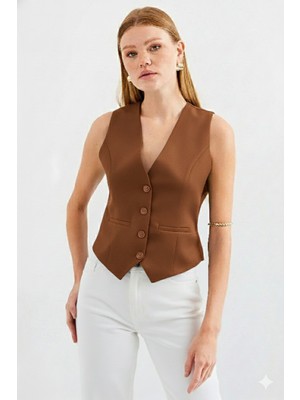 Ribana Classic Kadın Kruvaze Kesim Slim Fit V Yaka Düğme Detaylı Yelek