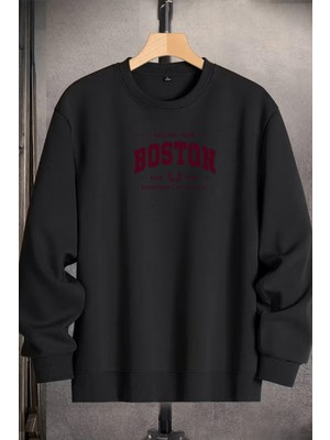 EYDAMOON Unisex Kışlık Boston Baskılı Regular Pamuklu Bisiklet Yaka Sweatshirt