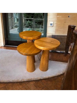 Ahşap Mantar Sehpa Seti 3’lü Tik Ağacı Renk Zigon Sehpa