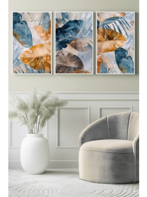 Mavi ve Kehribar Yaprak Dansı 3’lü Kanvas Tablo
