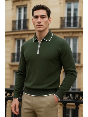 Comstar Erkek Trend Fermuarlı Haki Uzun Kollu Polo Yaka Tişört