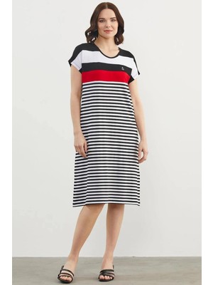 Sementa 77346 Sıfır Yaka Midi Boy Çizgili Marine Elbise