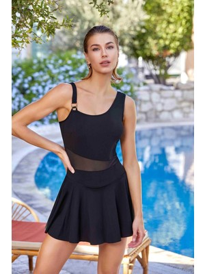 Pierre Cardin Yeni Sezon 2025 Su Tutmayan Kumaş Tül Detaylı Askılı Etekli Mayo HT2758