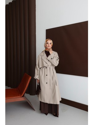 Esila Butik Kruvaze Yaka Astarlı Kuşak Detaylı Kadın Tesettür Trençkot