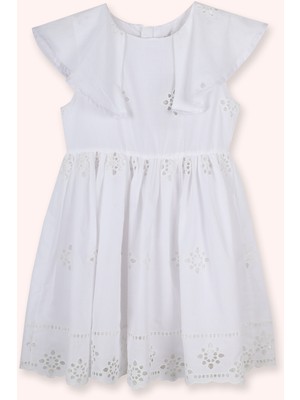 Panço Kız Çocuk Yaka Detaylı Fisto Beyaz Elbise