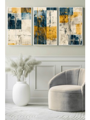 Sarı & Lacivert Fırça Dokulu Soyut 3’lü Kanvas Tablo