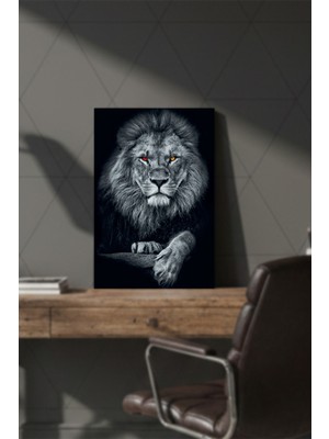 1 Adet Sarı Kırmızı Gözlü Aslan Siyah Beyaz Ahşap Mdf Tablo