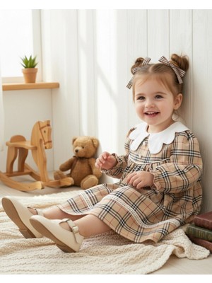 My Lusa Baby Arin Kız Bebek Kareli Dantelli Elbise Bej 9-24 Ay