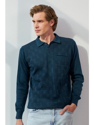 Erkek Polo Yaka Kazak Cepli Kabarmalı Çelik Örgü Klasik Kalıp - 5215F