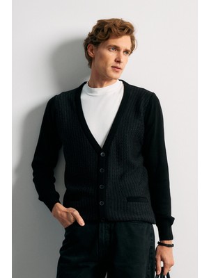 Erkek Düğmeli Hırka Cepli Desenli Çelik Örgü Klasik Kalıp - 5212M