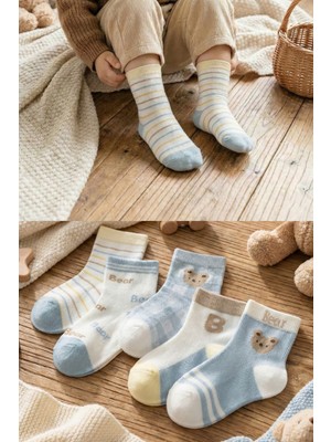 Bgk 5 Çift Çocuk Mavi Bear Desenli Çorap