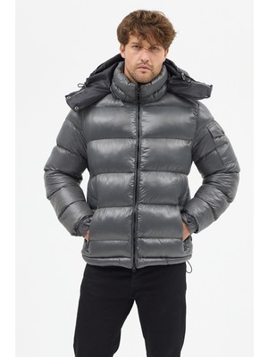 Level High Erkek Gri Kapüşonlu Şişme Mont – Kalın Kışlık Puffer Mont