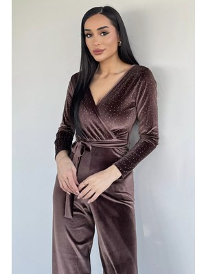 Gülseli Kadın Kruvaze Yaka Taşlı Kuşaklı Kadife Abiye Tulum P-00019727
