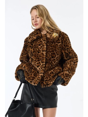 Koton Uzun Kollu Düğmeli Leopar Desenli Suni Kürk Mont