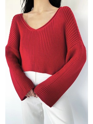 Gülseli V Yaka Crop Top Salaş Triko Bluz P-00019153