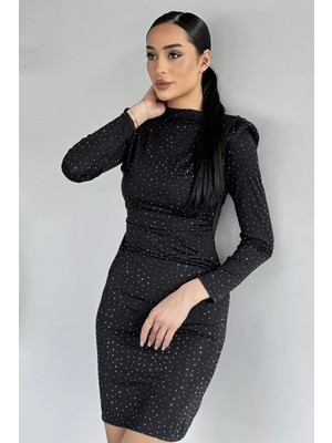 Gülseli Kadın Dik Yaka Omuz Vatkalı Taşlı Likralı Abiye Elbise P-00019729