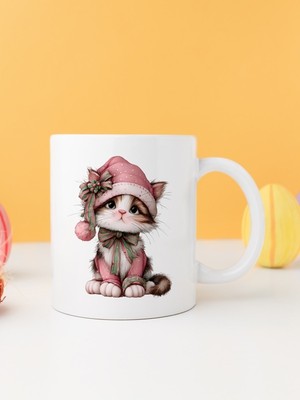 Finka Dekor Yılbaşı Kedili Baskılı-Hediyelik Seramik Kupa Bardak Model 15