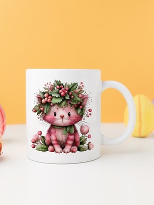 Finka Dekor Yılbaşı Kedili Baskılı-Hediyelik Seramik Kupa Bardak Model 5